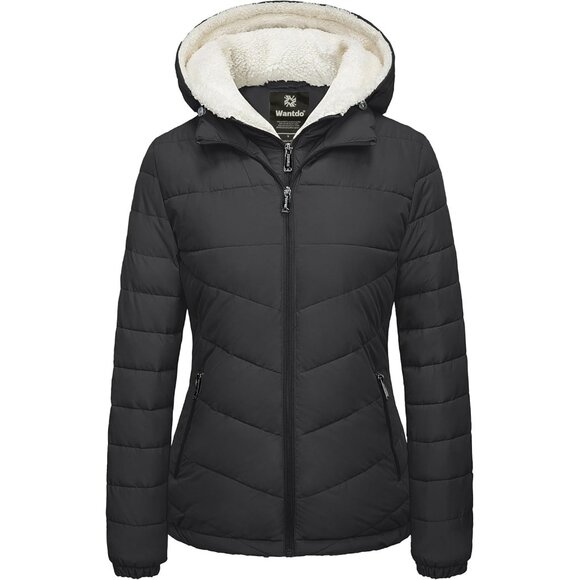 Jackets & Blazers - Women's Fabric Fleece Hooded Black Puffer Quilted Jacket Coats Winter Warm